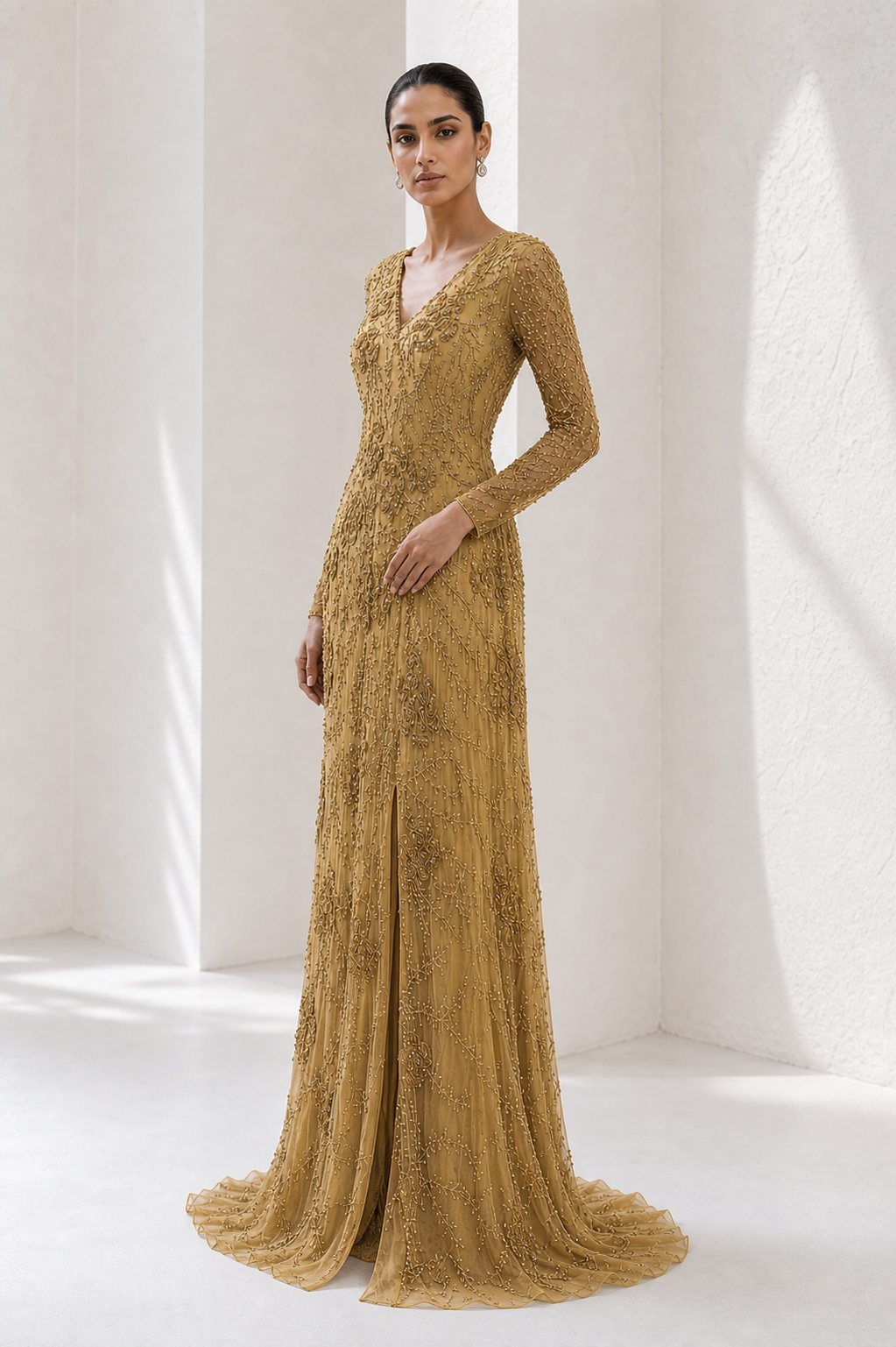 Gold Beaded V-Neck Mermaid Gown