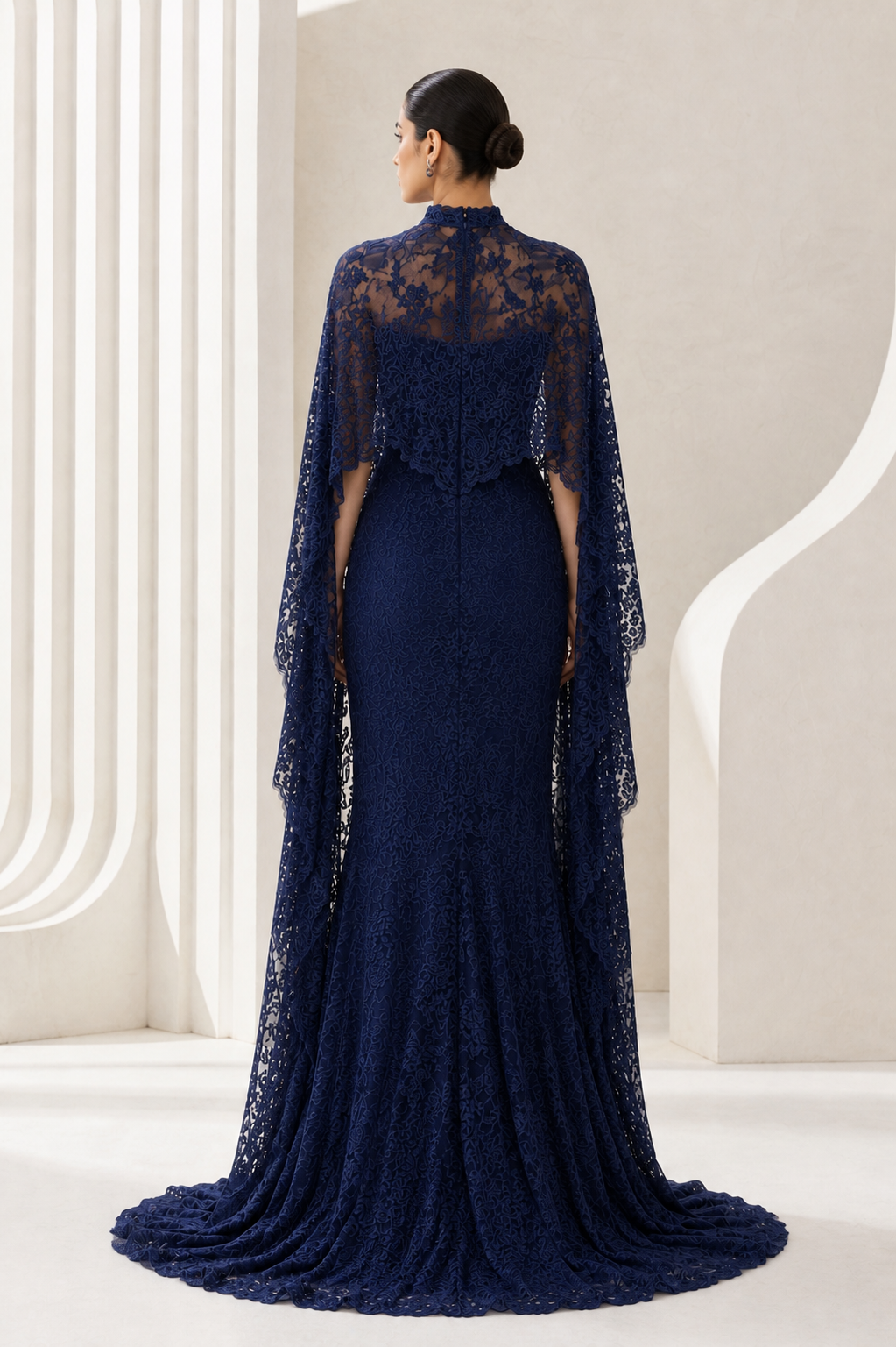 Navy Beaded Lace Cape Gown