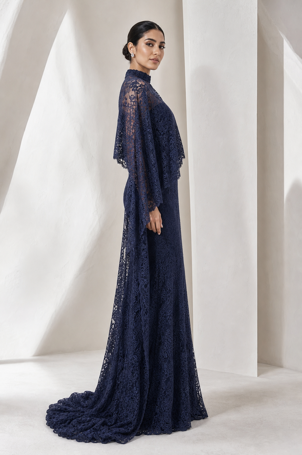 Navy Beaded Lace Cape Gown