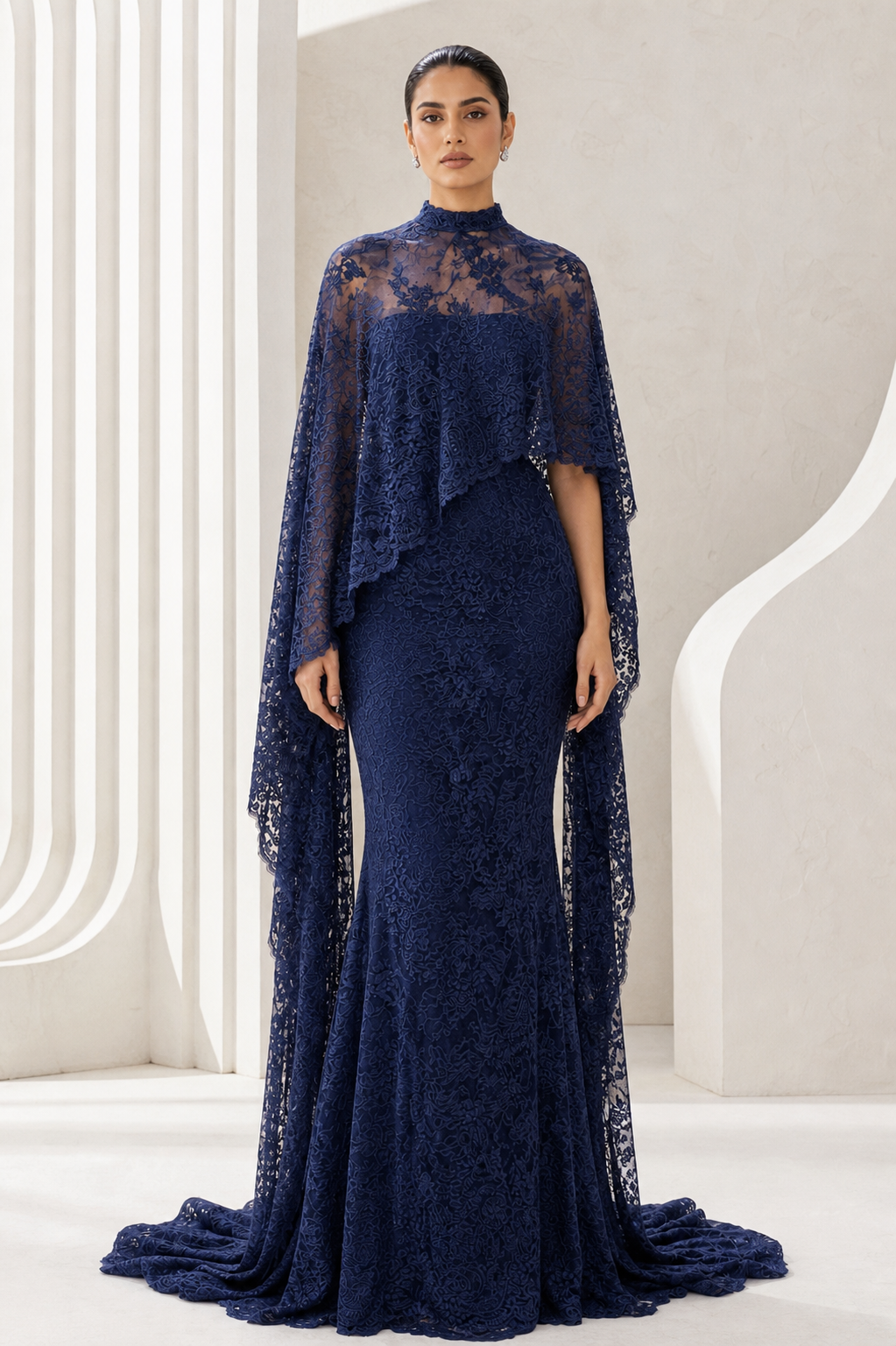 Navy Beaded Lace Cape Gown