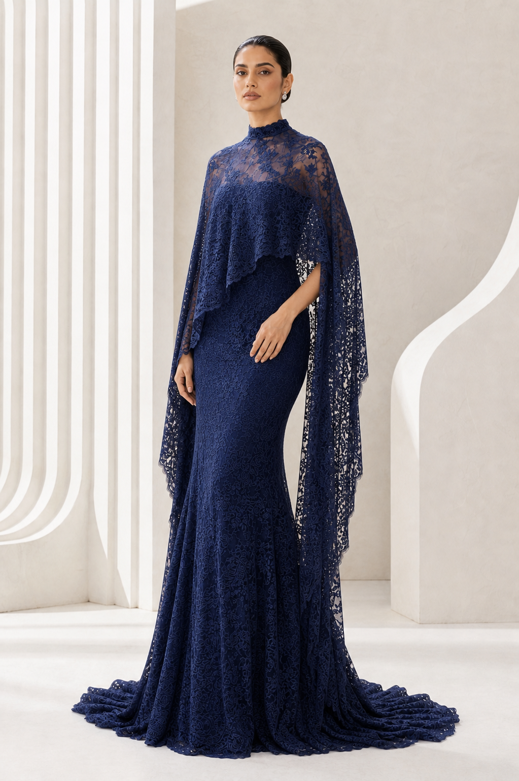 Navy Beaded Lace Cape Gown