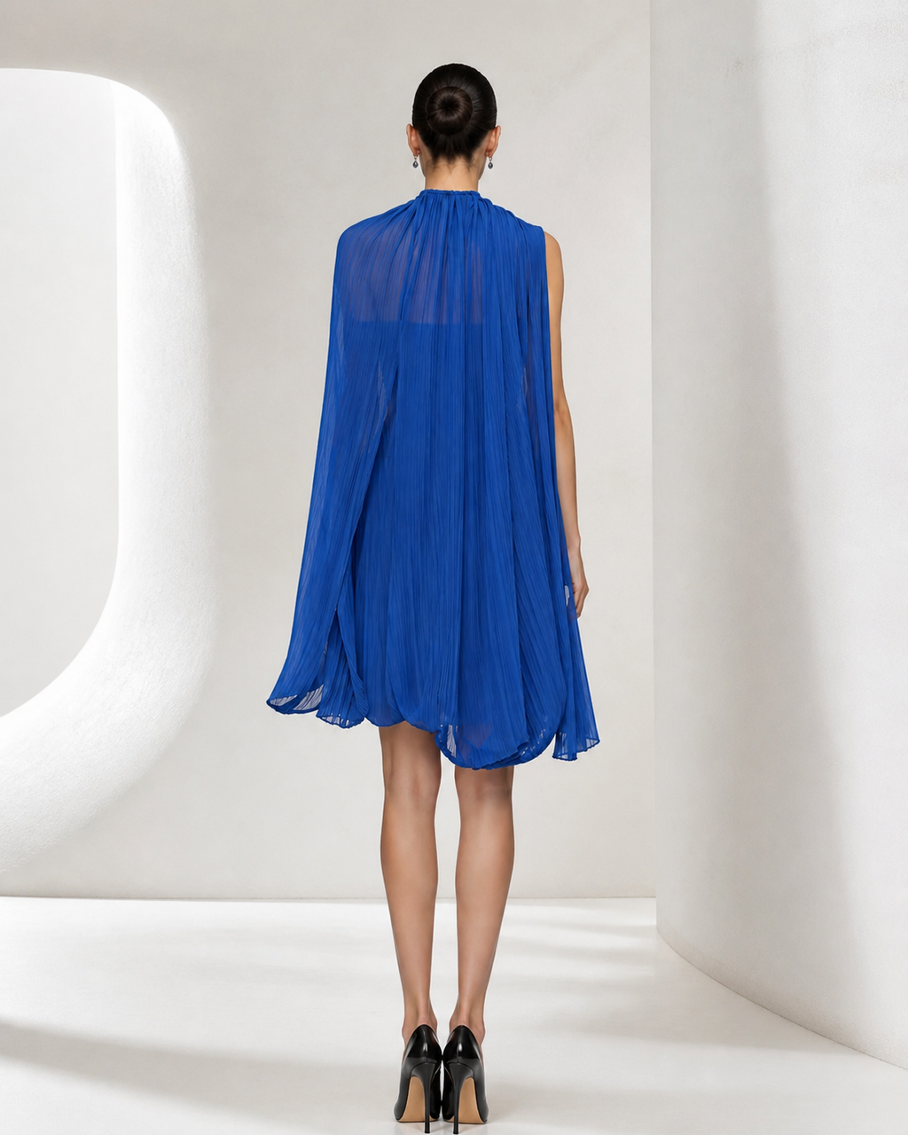 Cobalt Pleated Chiffon Cape Dress