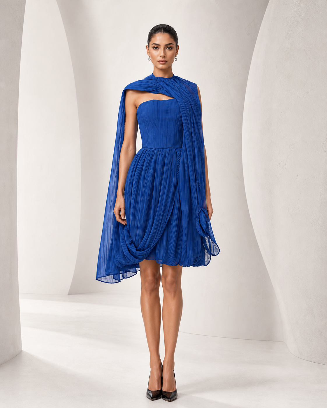 Cobalt Pleated Chiffon Cape Dress