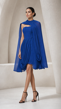 Cobalt Pleated Chiffon Cape Dress