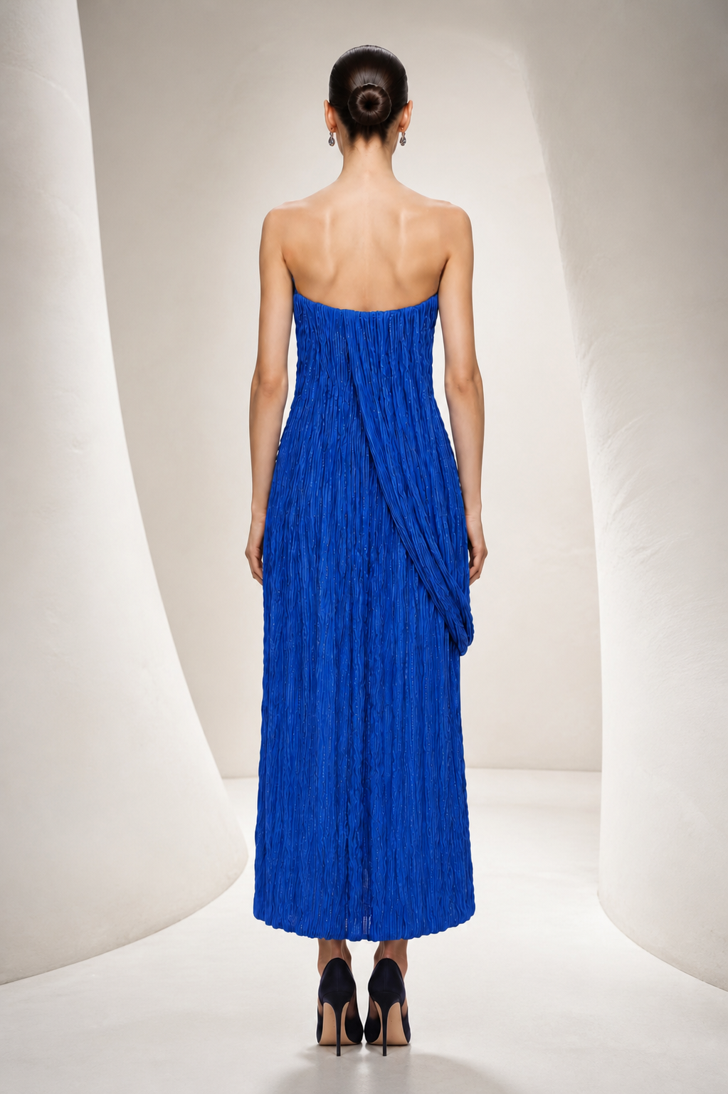 Royal Blue Crinkle Plissé Column Gown
