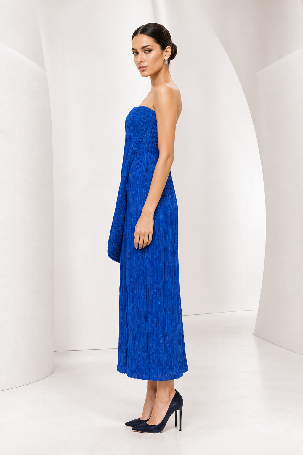 Royal Blue Crinkle Plissé Column Gown