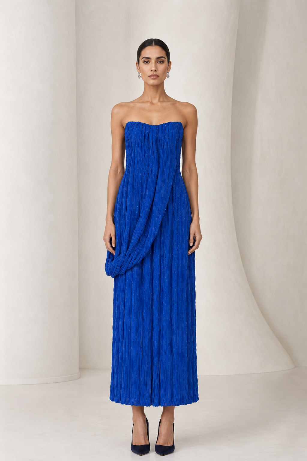 Royal Blue Crinkle Plissé Column Gown