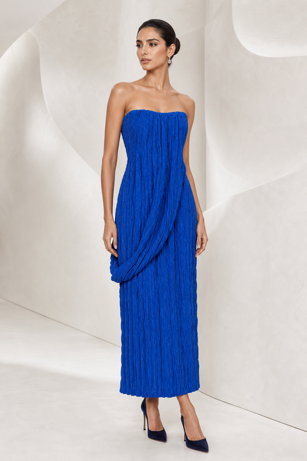 Royal Blue Crinkle Plissé Column Gown