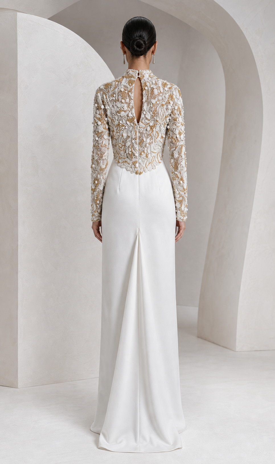 Pearl-Embroidered Illusion Column Gown
