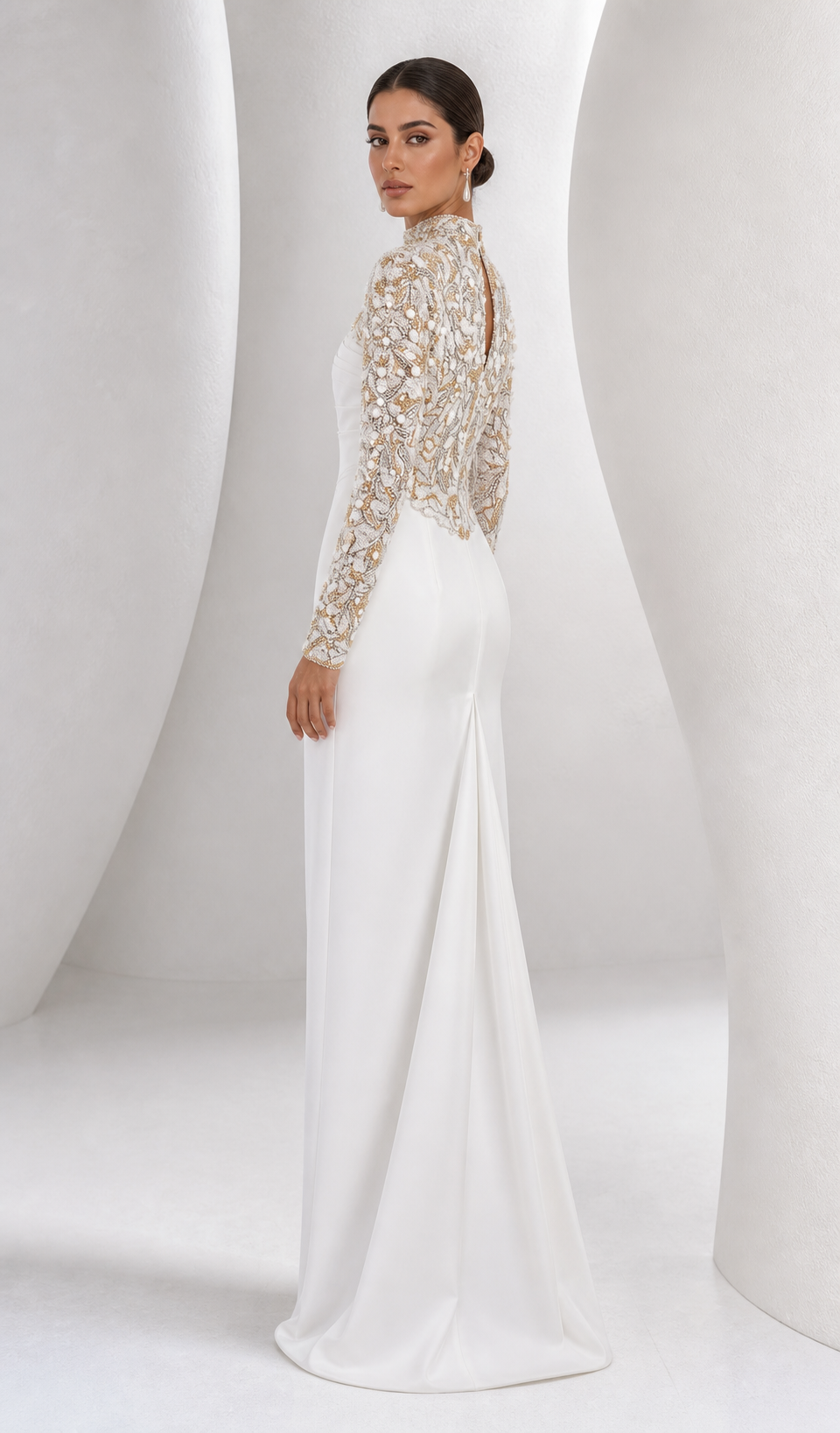 Pearl-Embroidered Illusion Column Gown