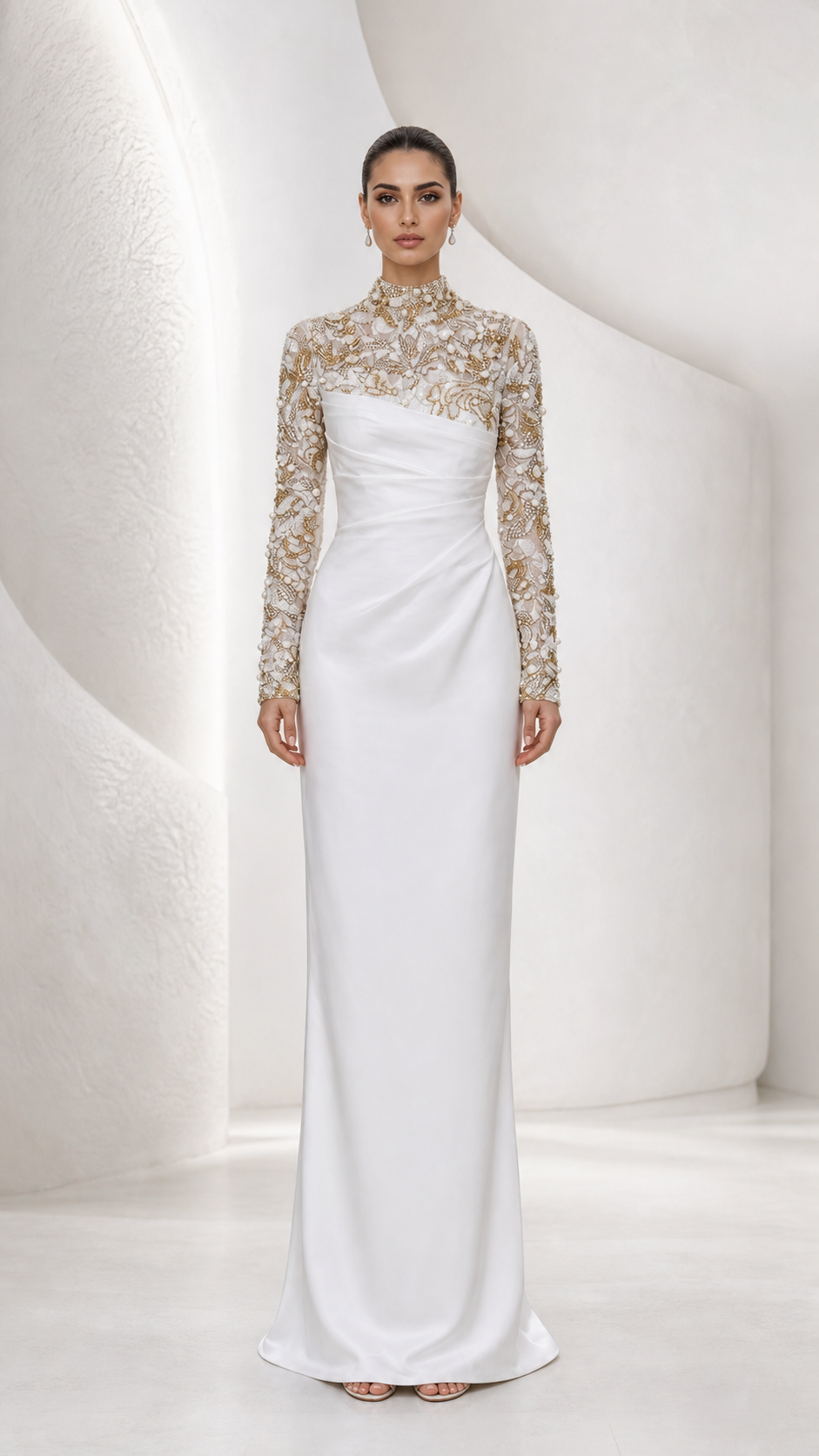 Pearl-Embroidered Illusion Column Gown