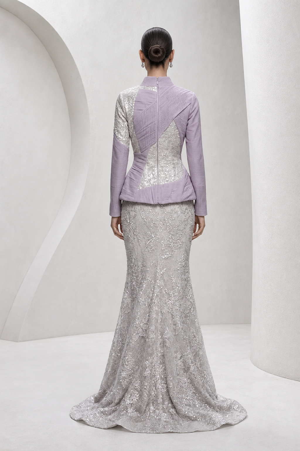 Lilac Peplum & Silver Lace Mermaid Gown