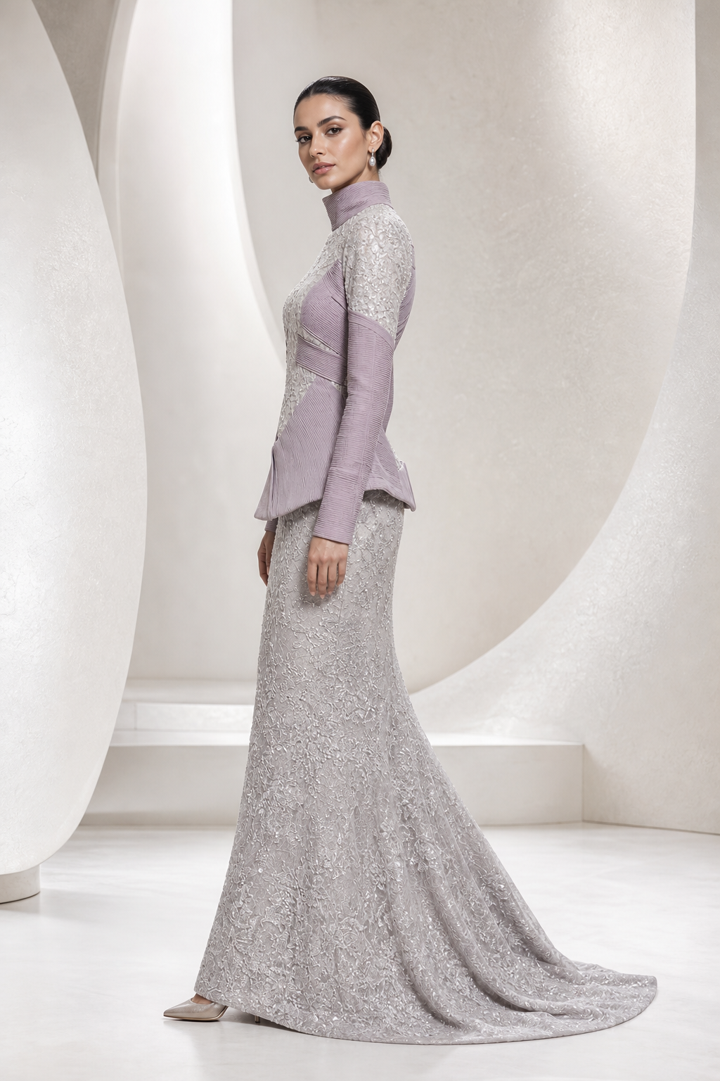 Lilac Peplum & Silver Lace Mermaid Gown