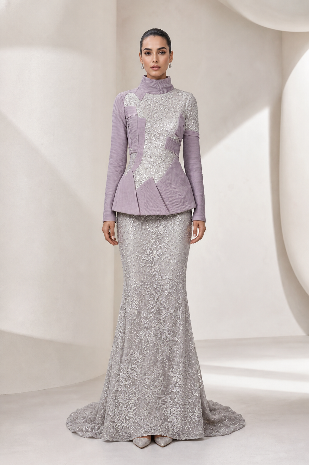 Lilac Peplum & Silver Lace Mermaid Gown