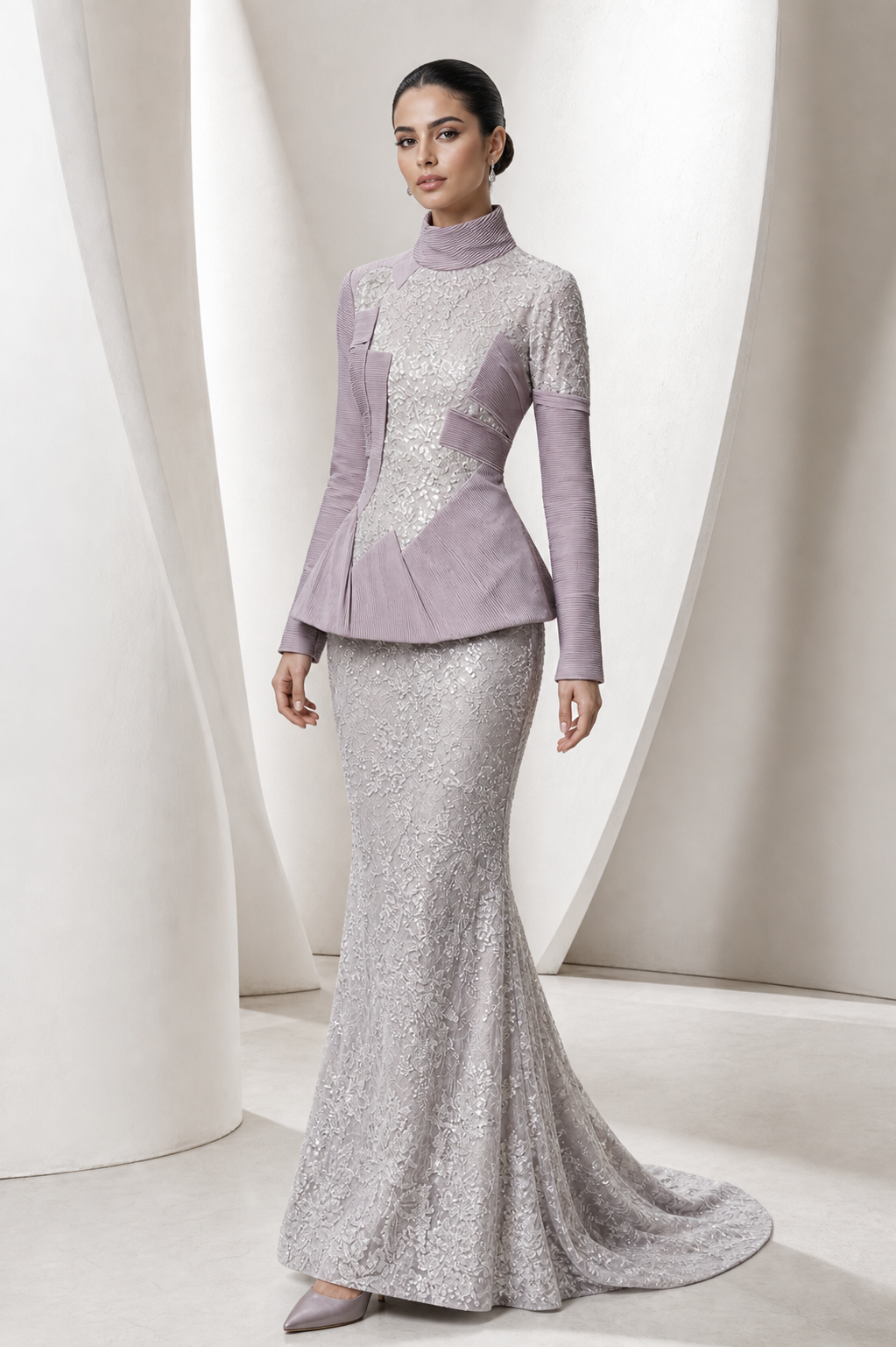 Lilac Peplum & Silver Lace Mermaid Gown