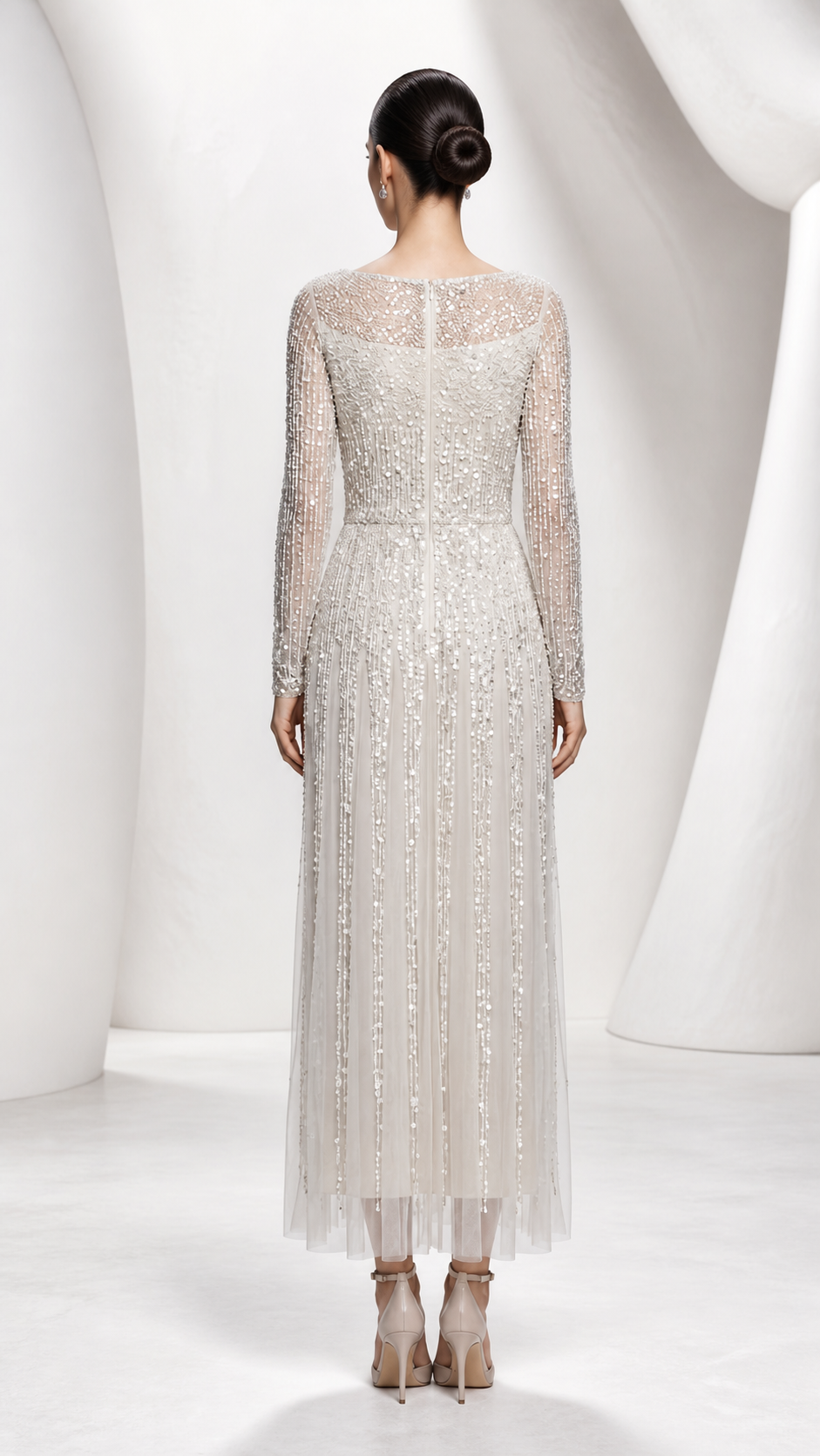 Silver Beaded Fringe Tea-Length Gown