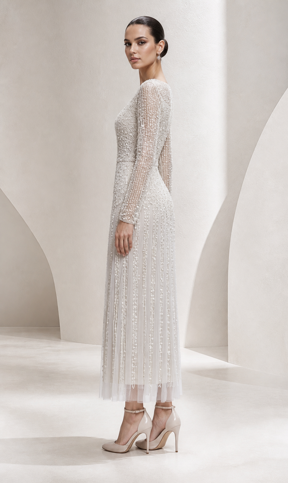 Silver Beaded Fringe Tea-Length Gown