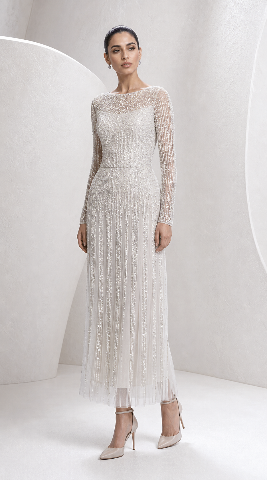 Silver Beaded Fringe Tea-Length Gown