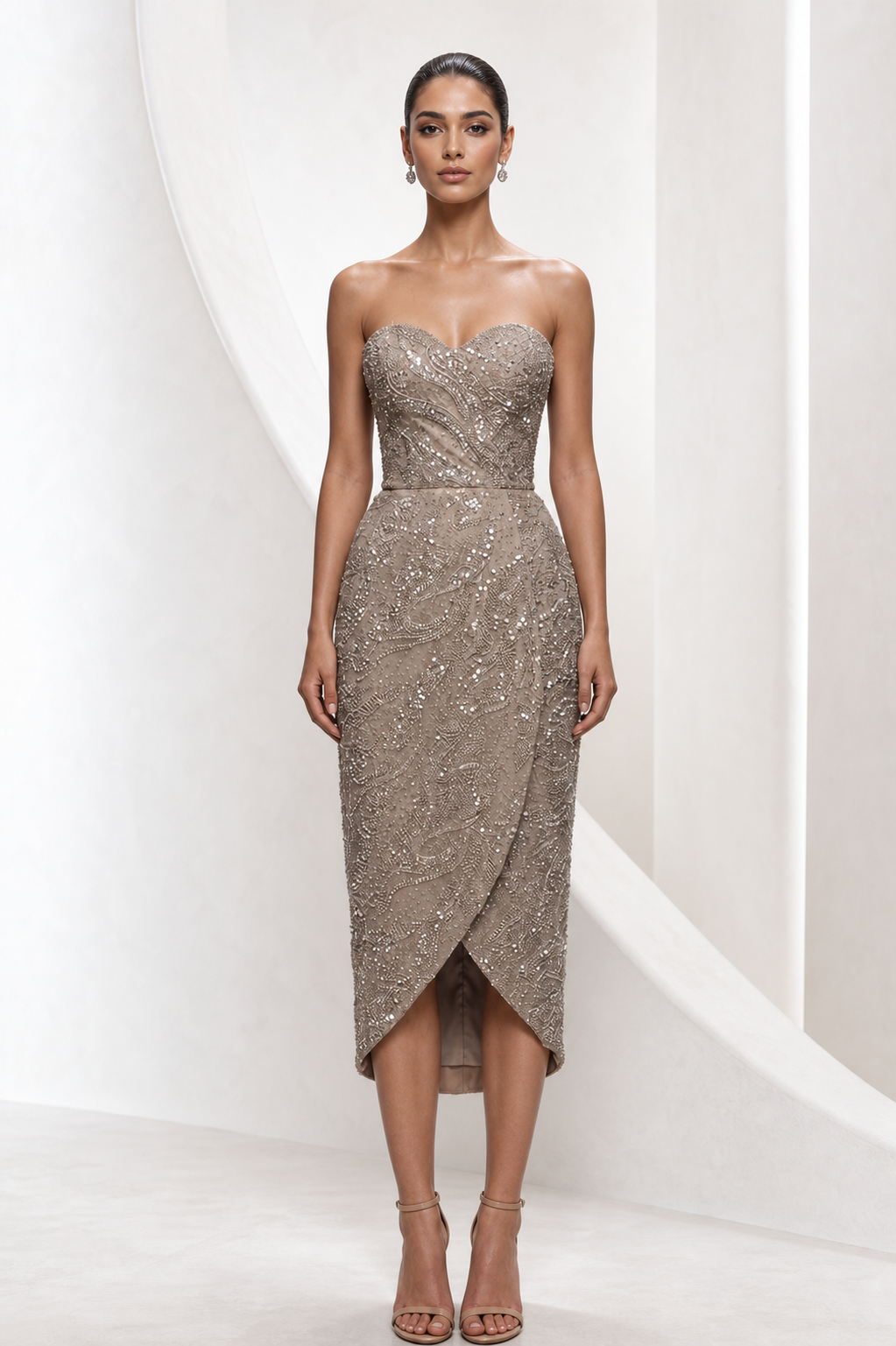 Champagne Beaded Wrap Cocktail Dress