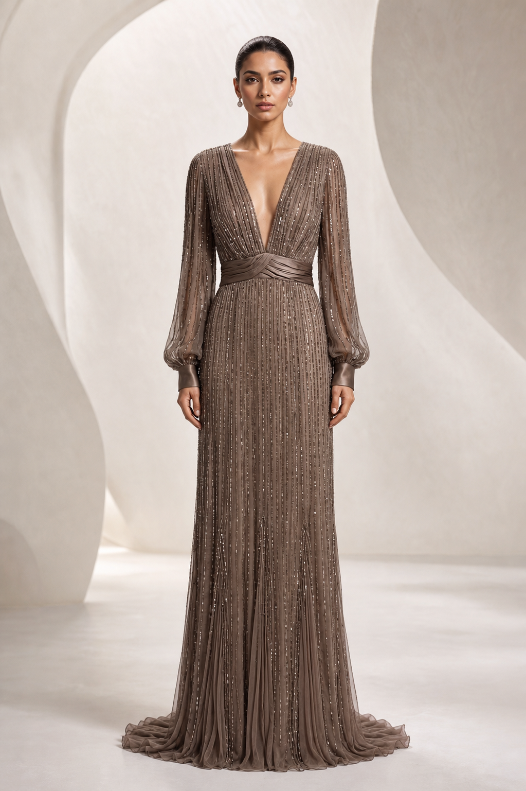 Mink Beaded Plunge Gown