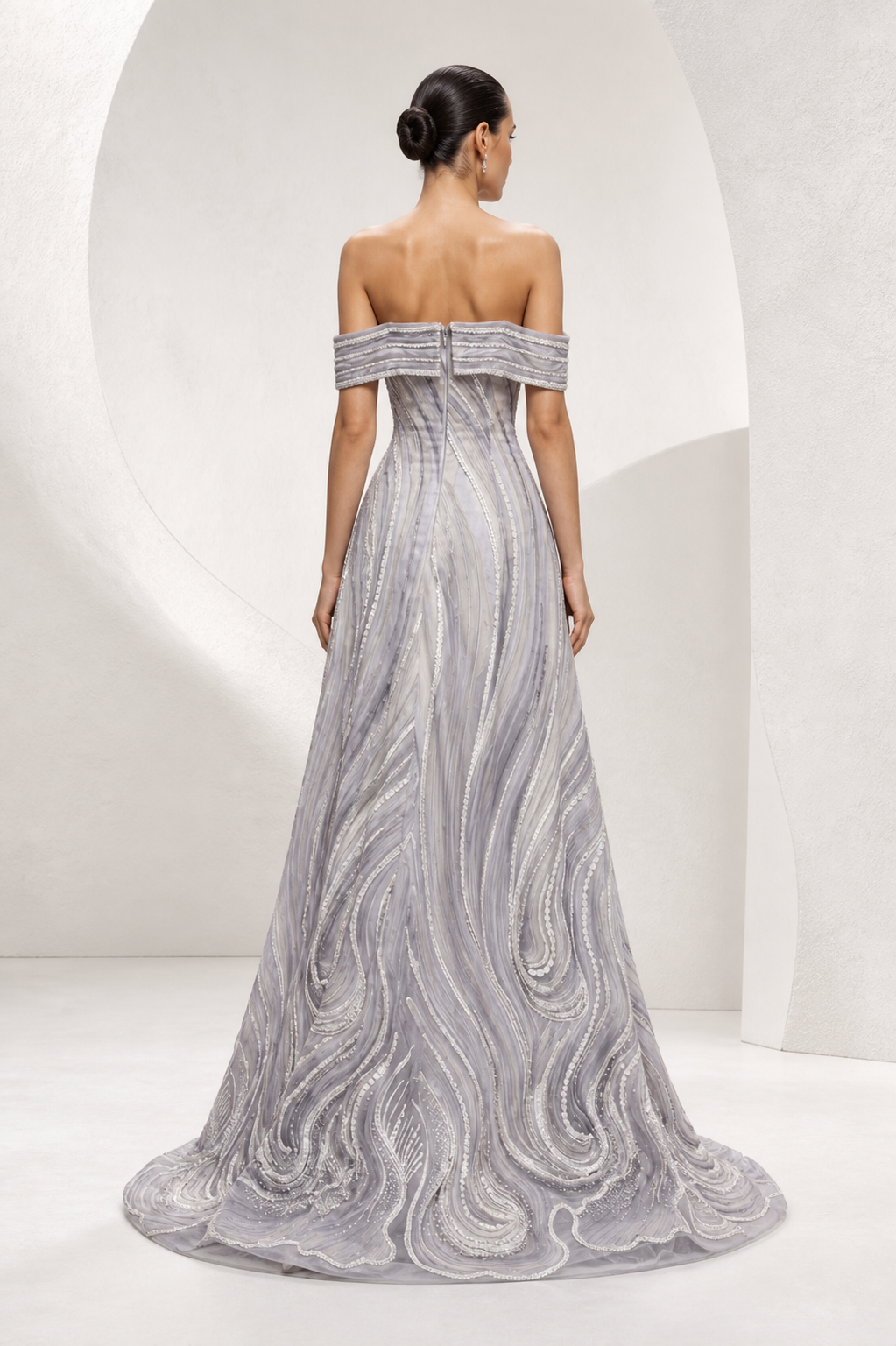 Iridescent Swirl Off-Shoulder Gown