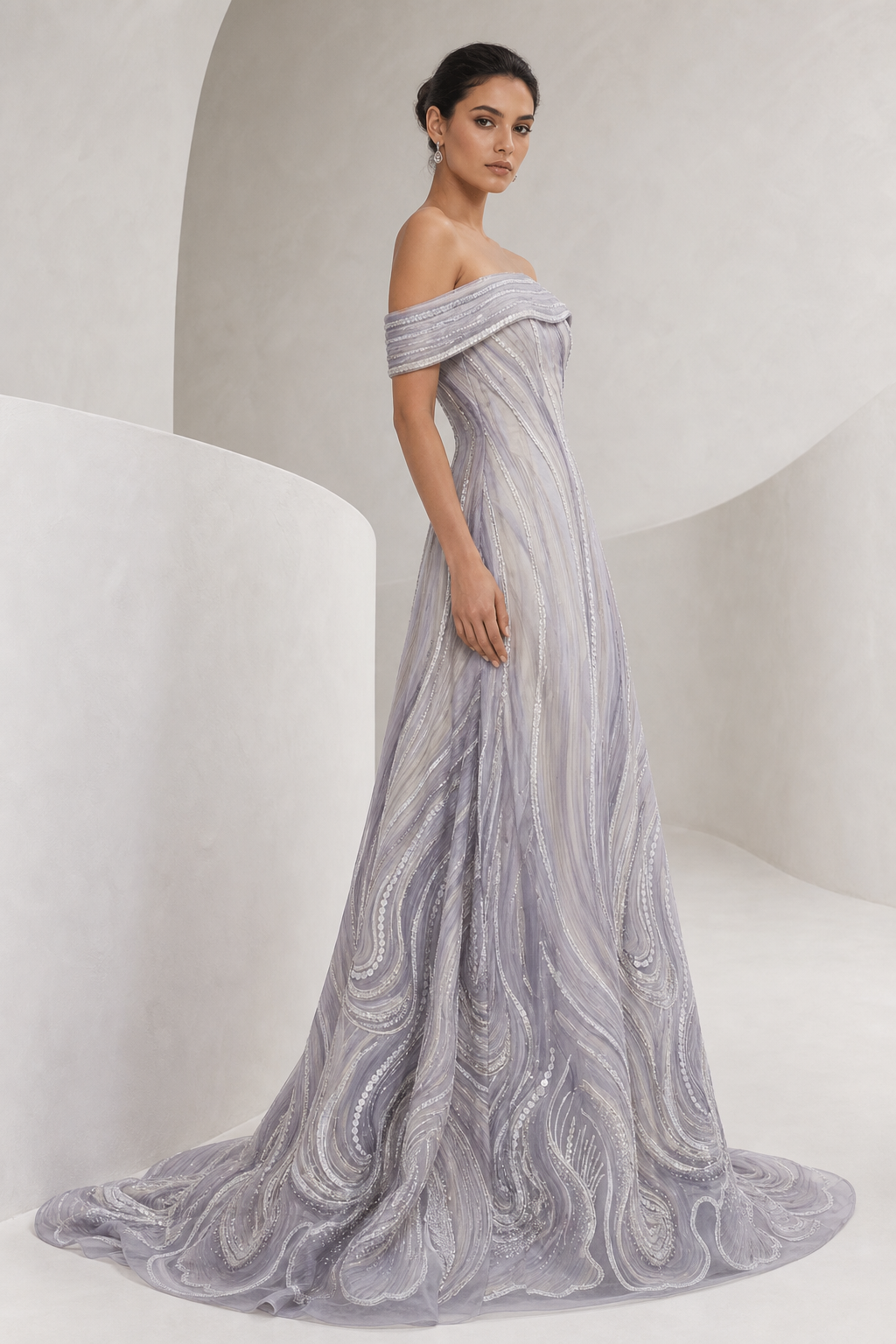 Iridescent Swirl Off-Shoulder Gown