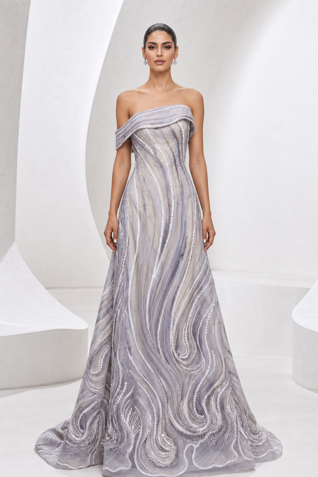 Iridescent Swirl Off-Shoulder Gown