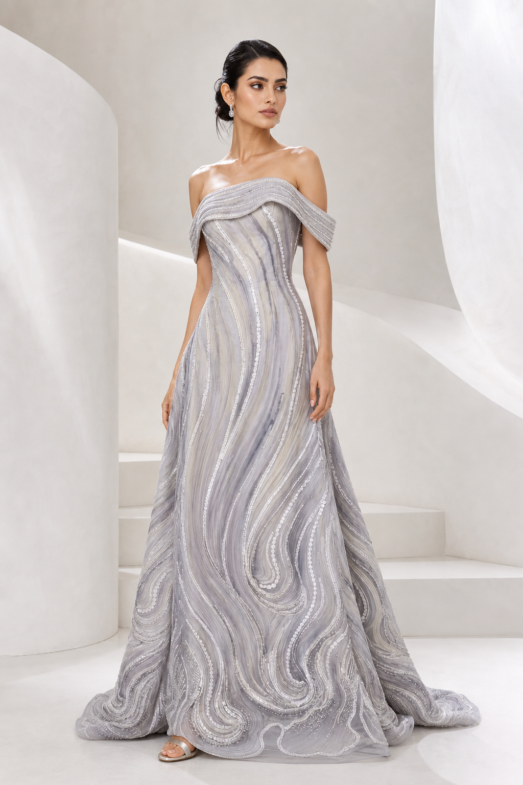 Iridescent Swirl Off-Shoulder Gown