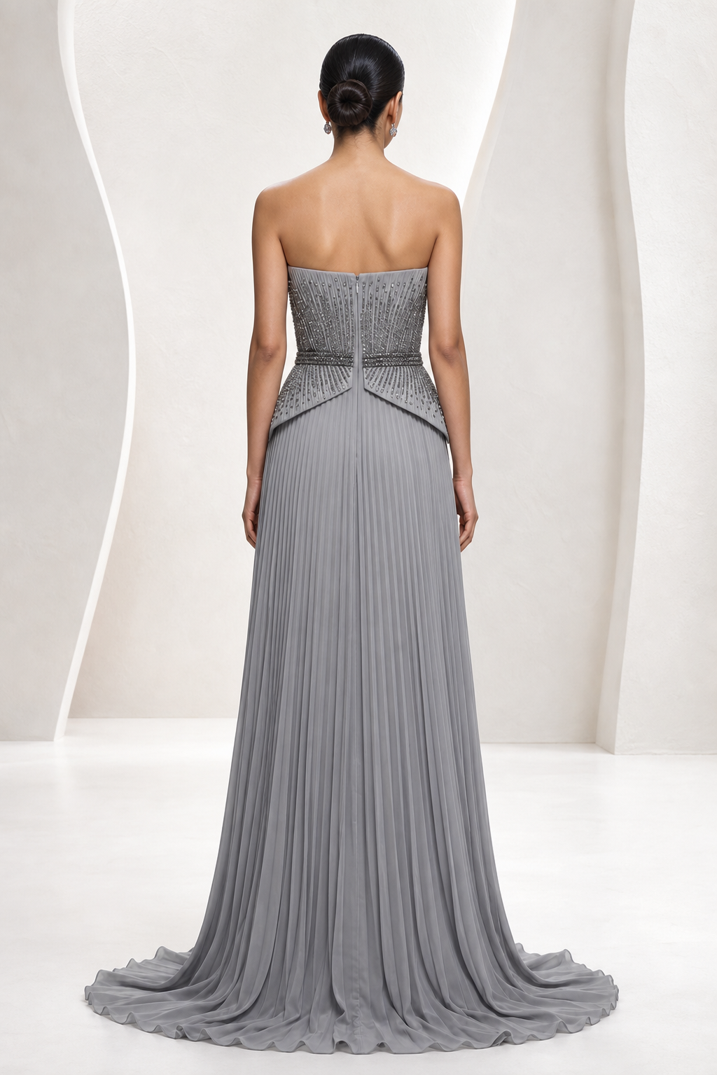Silver Pleated Asymmetric Gown