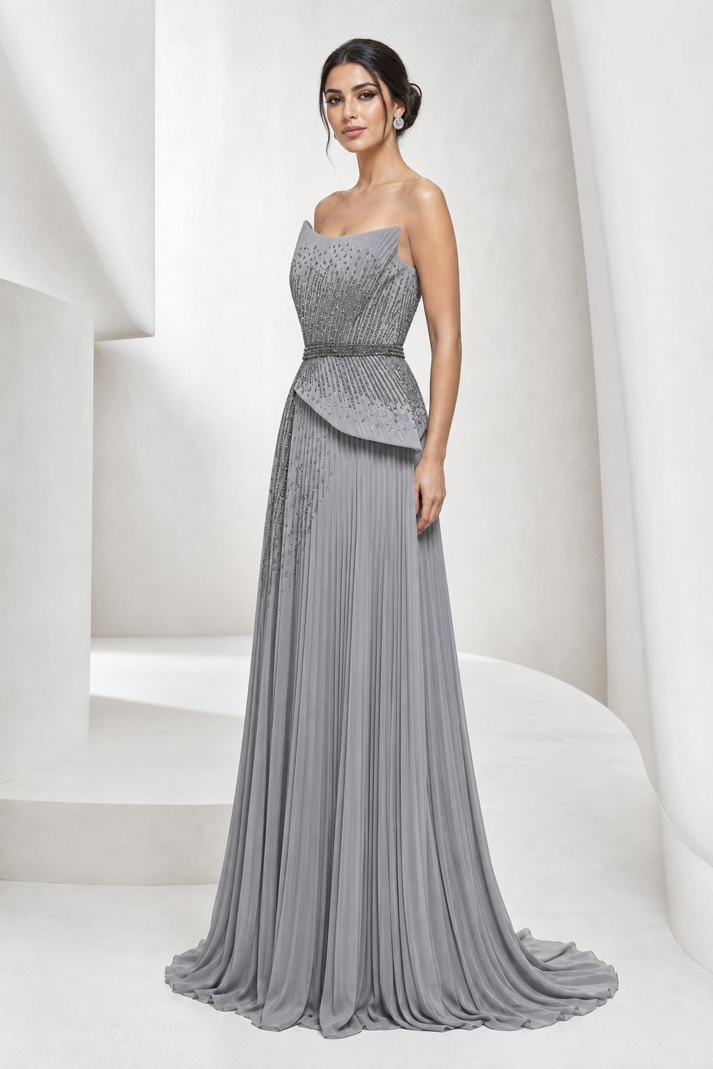 Silver Pleated Asymmetric Gown