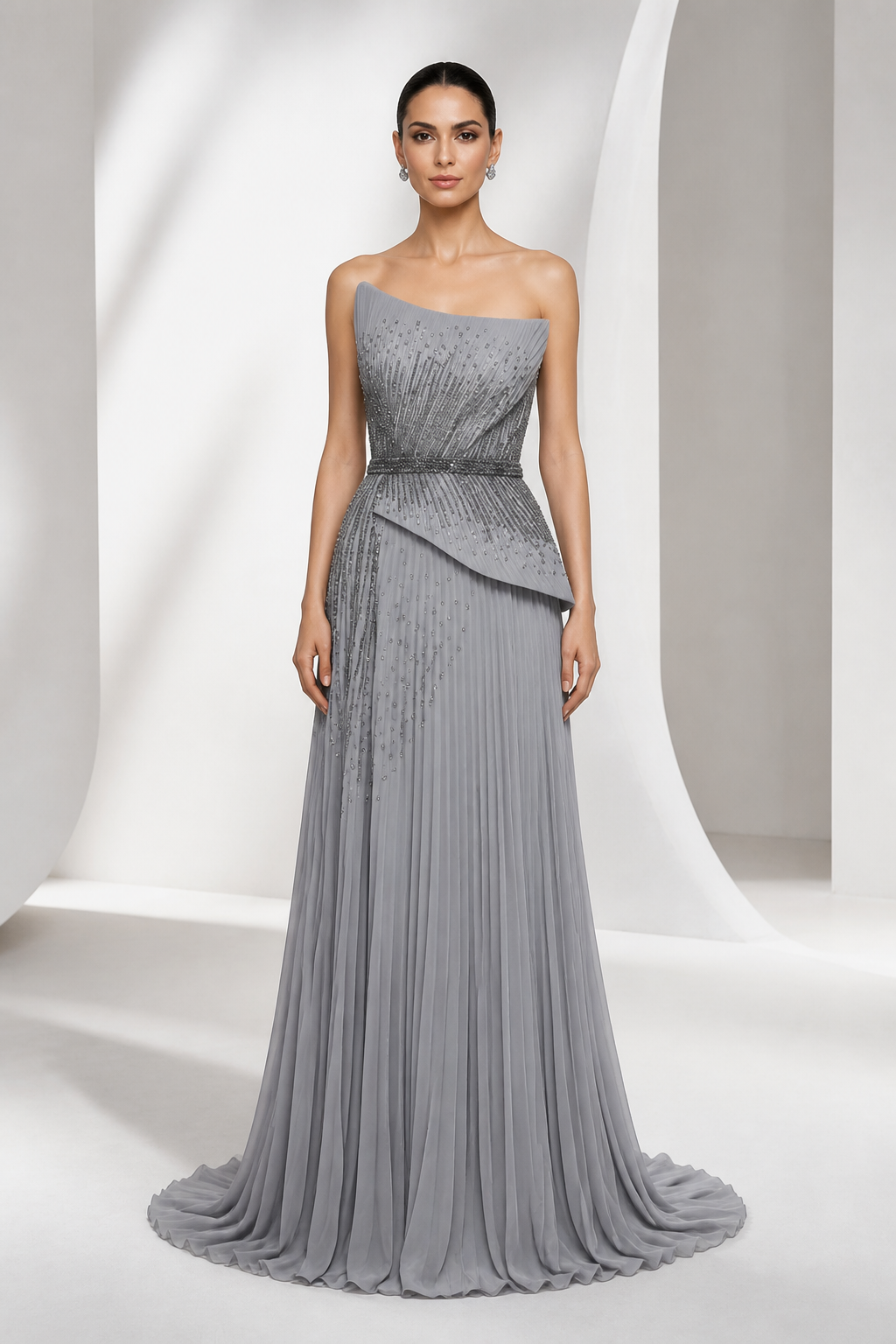 Silver Pleated Asymmetric Gown