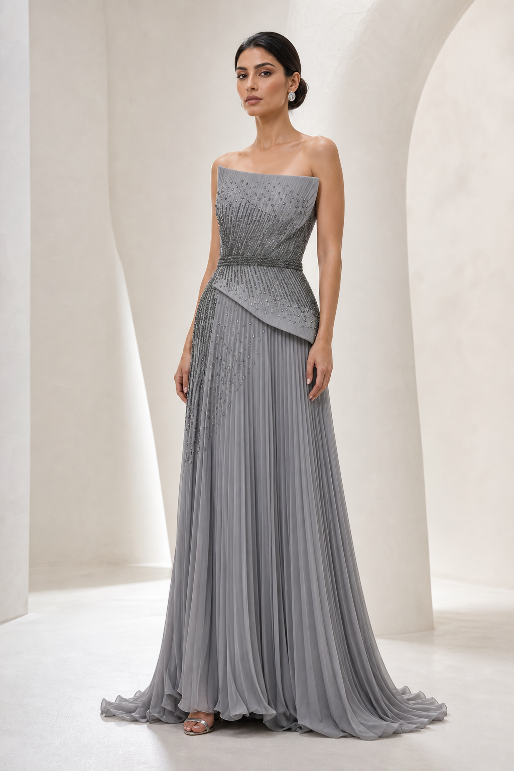 Silver Pleated Asymmetric Gown