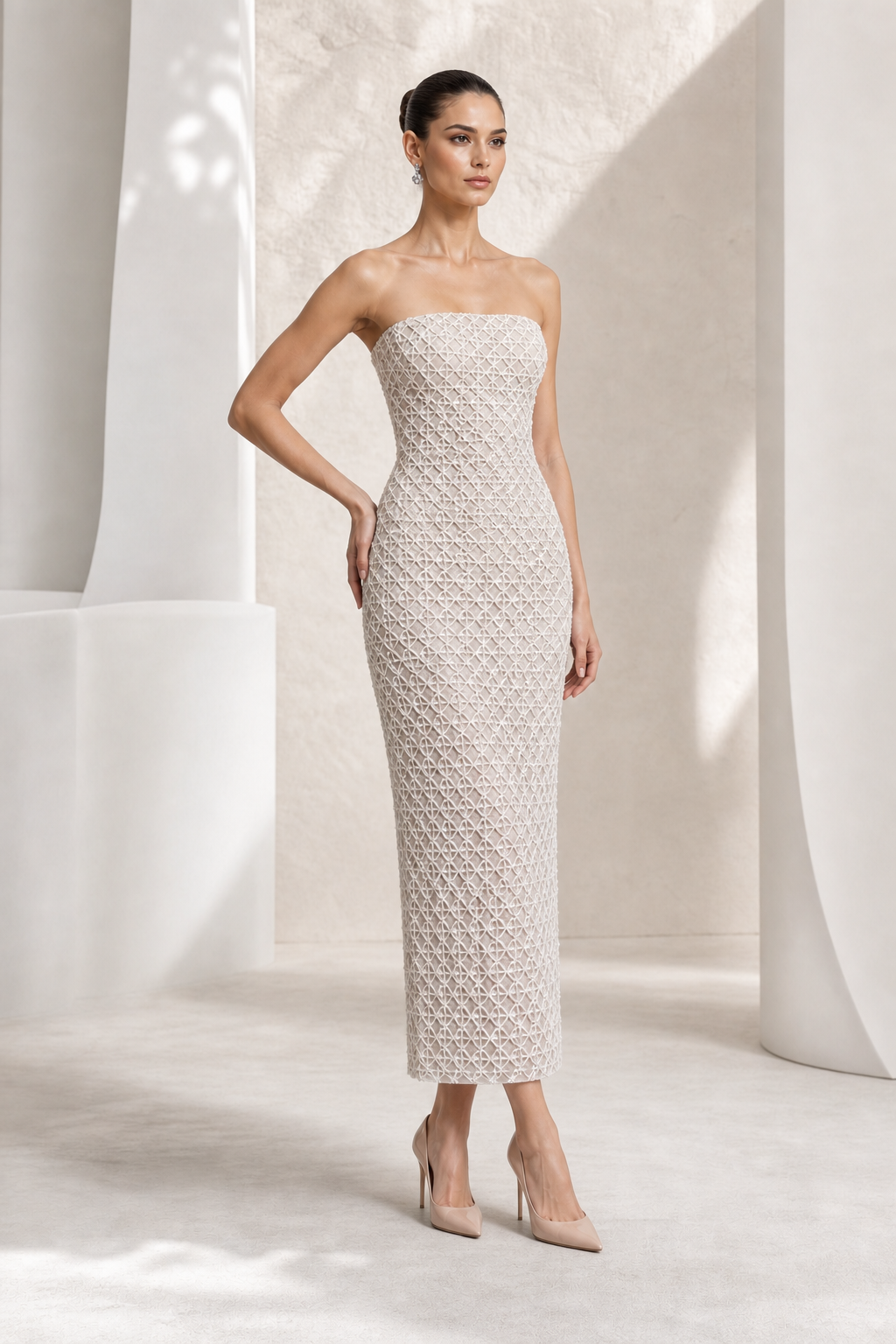 Ivory Lattice-Beaded Column Gown