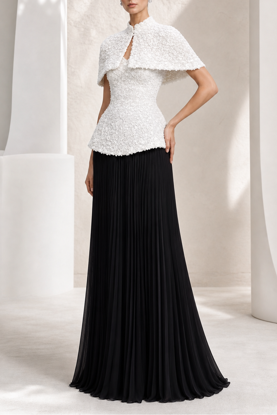Ivory Floral-Sequin Capelet Two-Piece