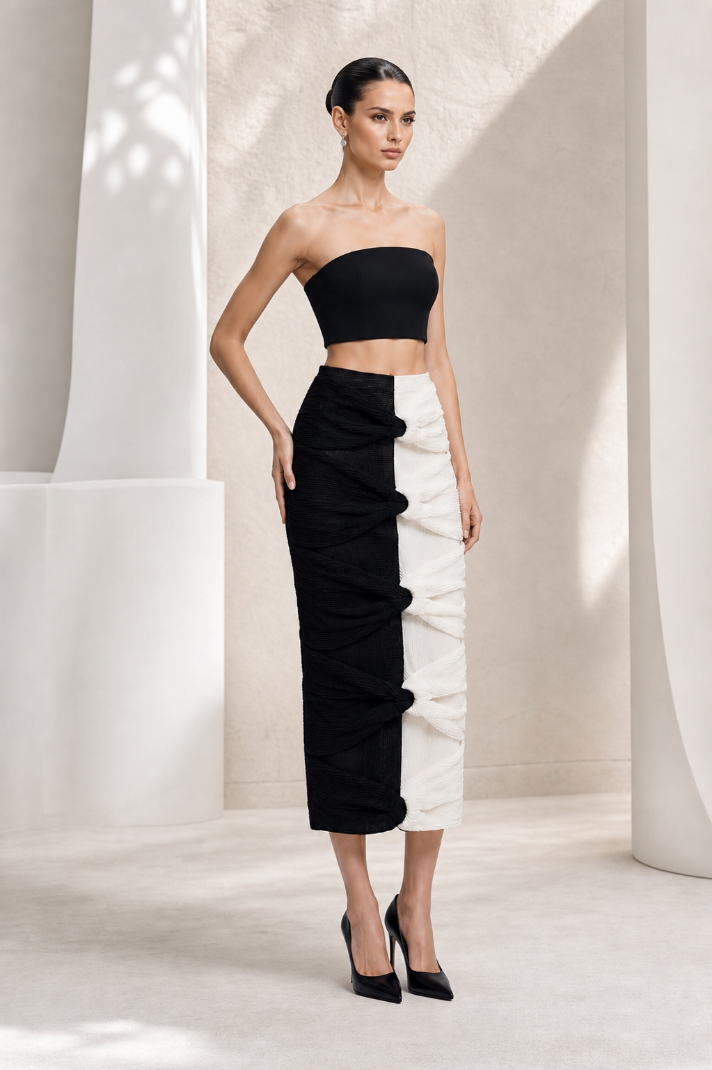 Black & Ivory Draped Two-Piece