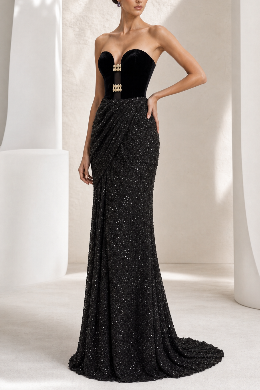 Black Velvet Gold-Clasp Draped Gown