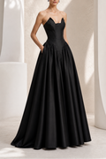 Black Notched-Neck Satin A-Line Gown