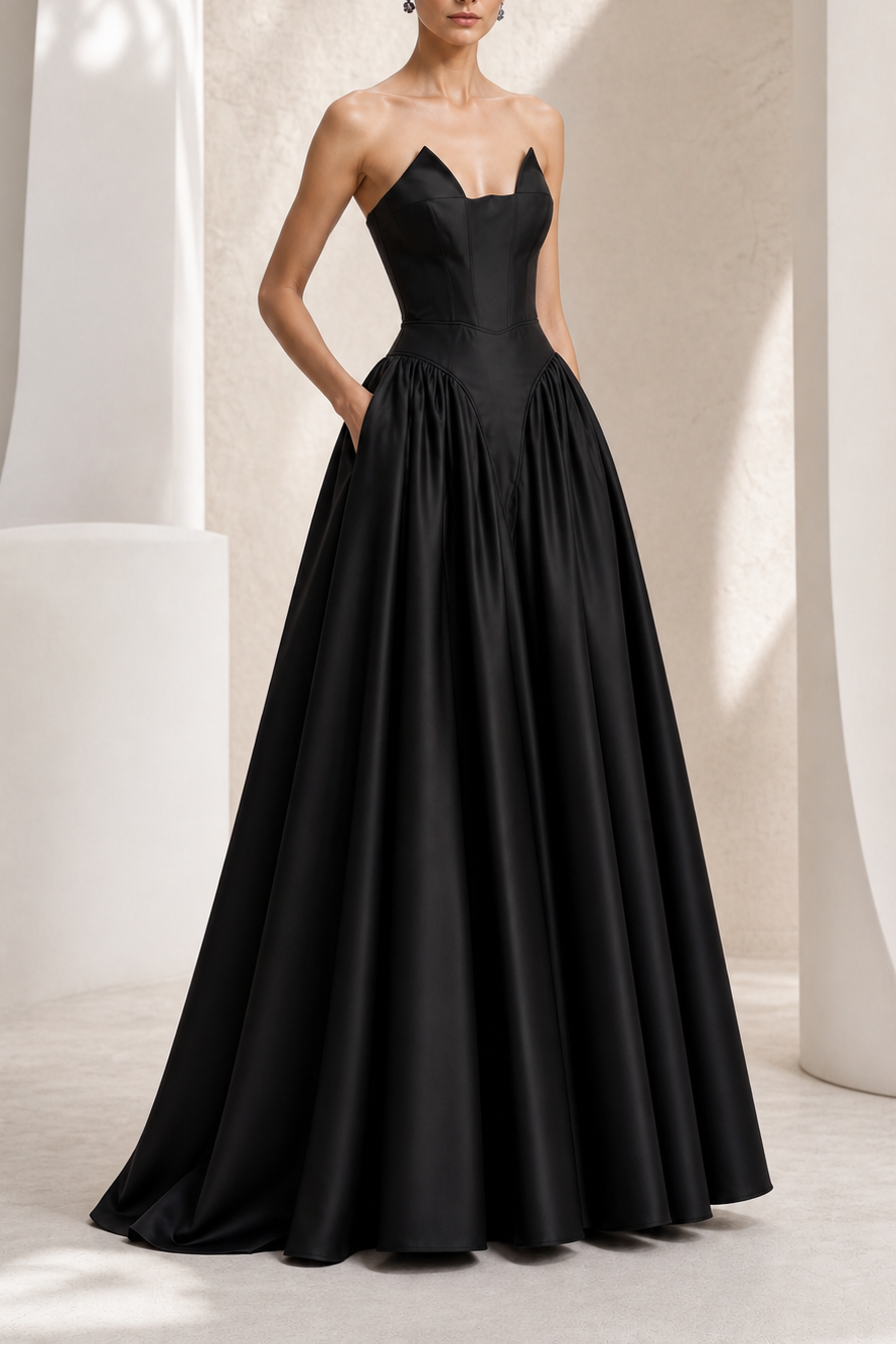 Black Notched-Neck Satin A-Line Gown