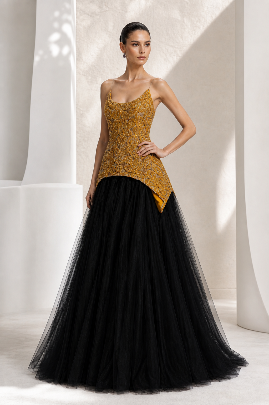 Gold Beaded Top & Black Tulle Ball Gown