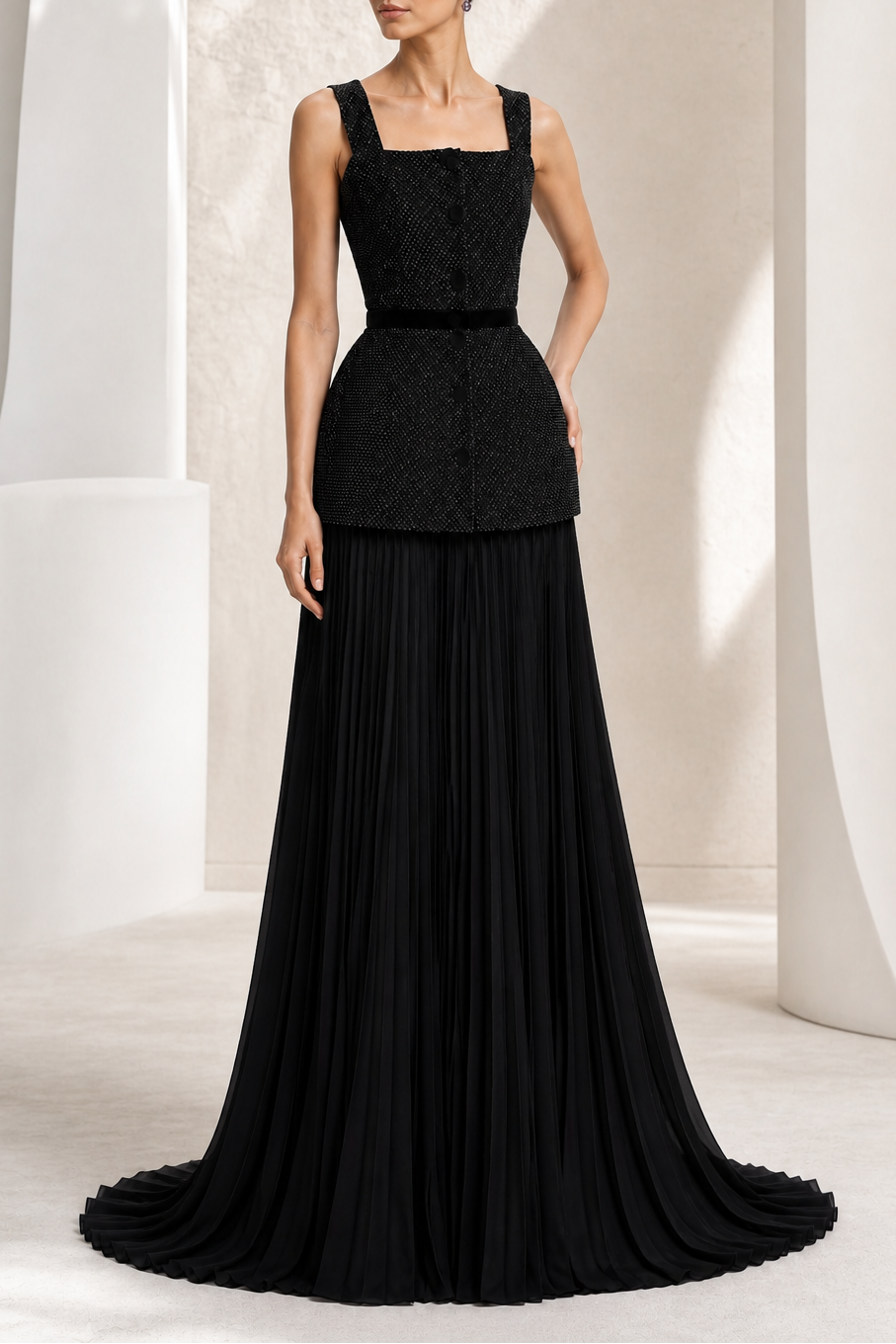 Black Beaded Crop & Peplum Two-Piece