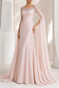 Blush Beaded Cape-Sleeve Gown