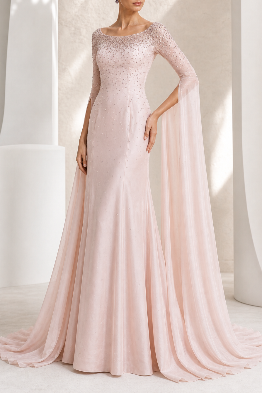 Blush Beaded Cape-Sleeve Gown