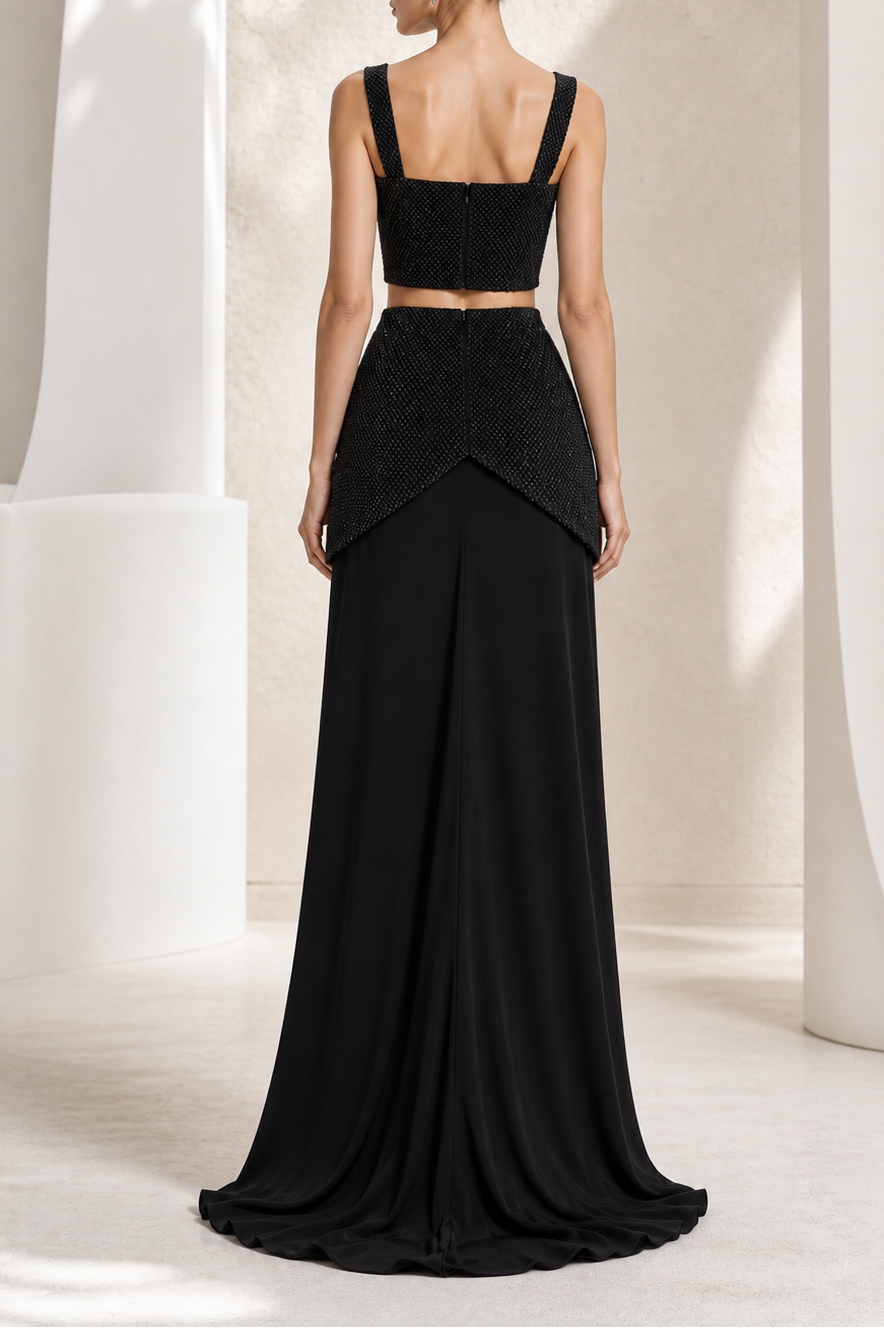 Black Beaded Button Peplum Gown