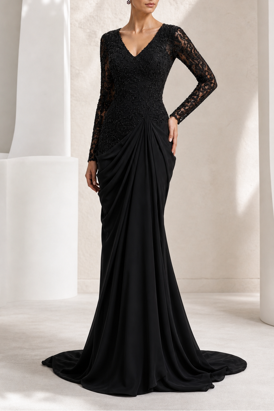 Black Beaded Lace Draped Mermaid Gown