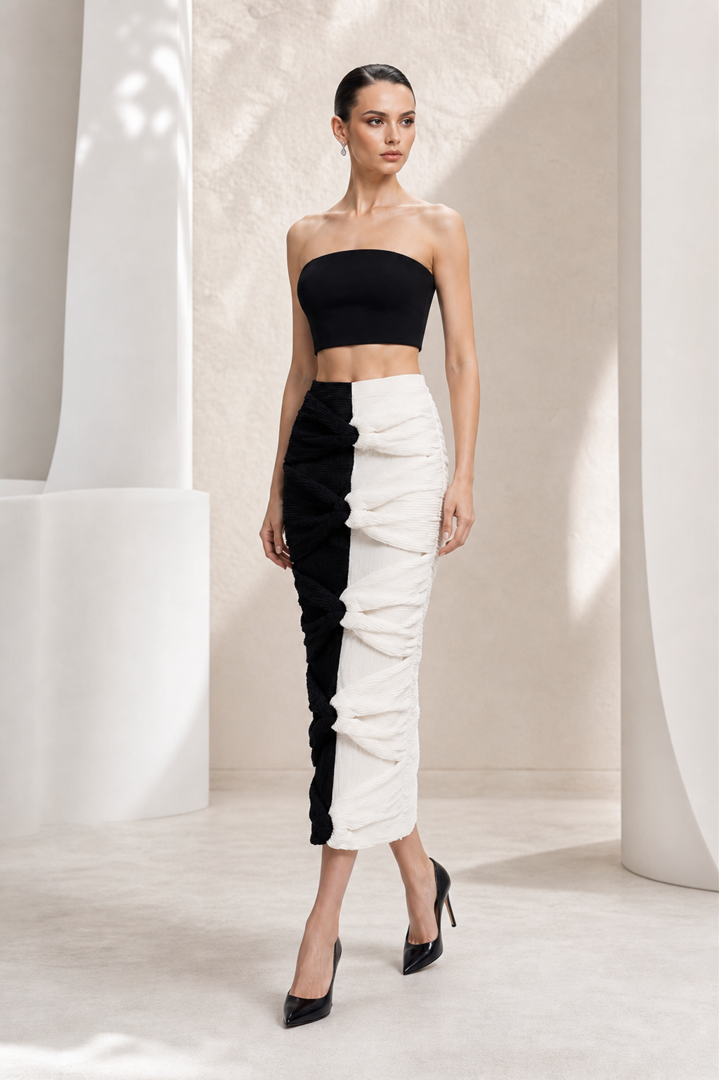 Black & Ivory Draped Two-Piece