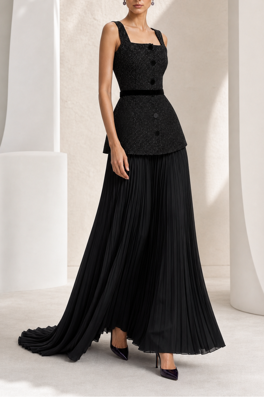 Black Beaded Crop & Peplum Two-Piece
