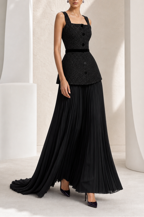 Black Beaded Crop & Peplum Two-Piece