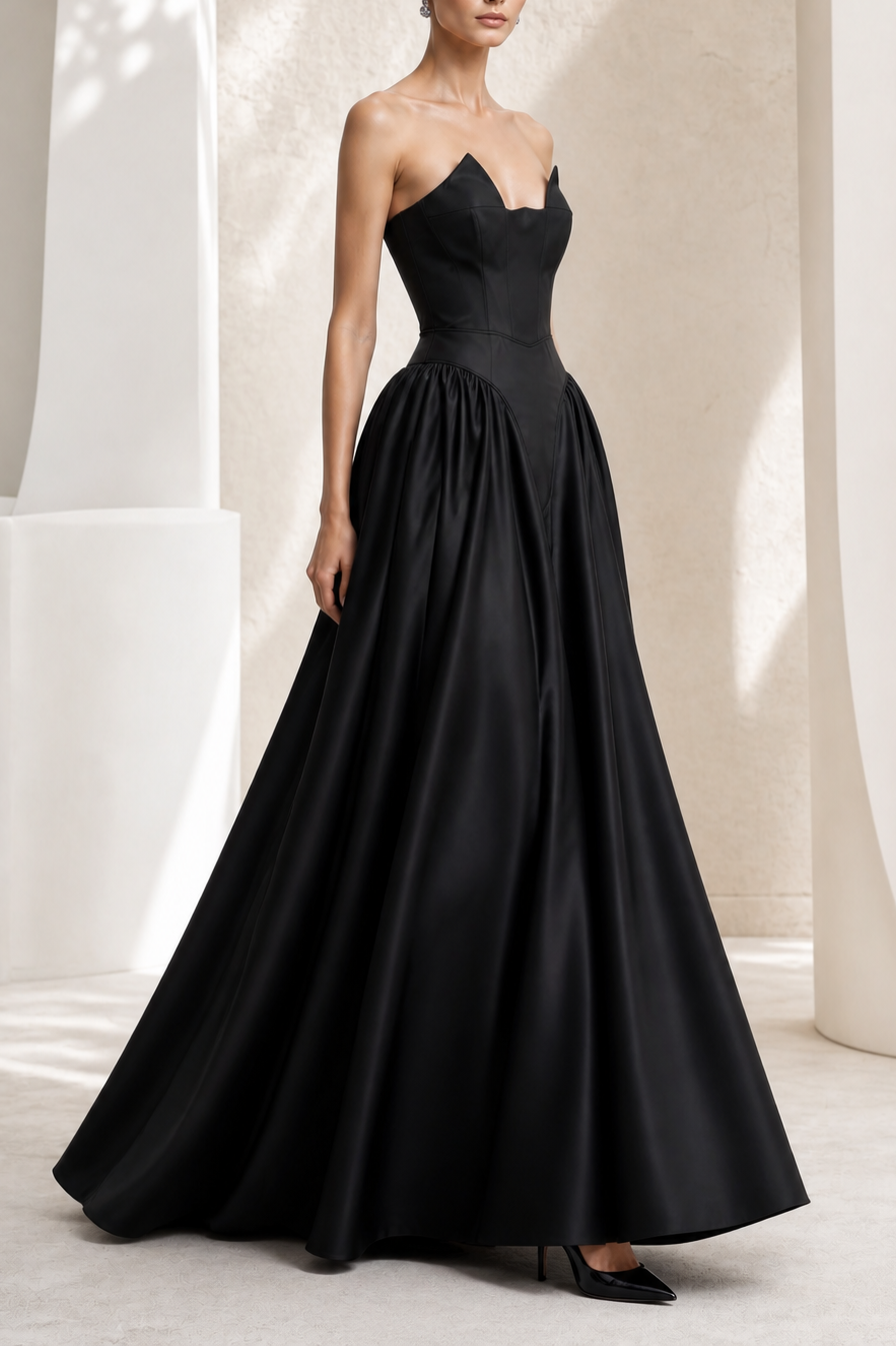 Black Notched-Neck Satin A-Line Gown