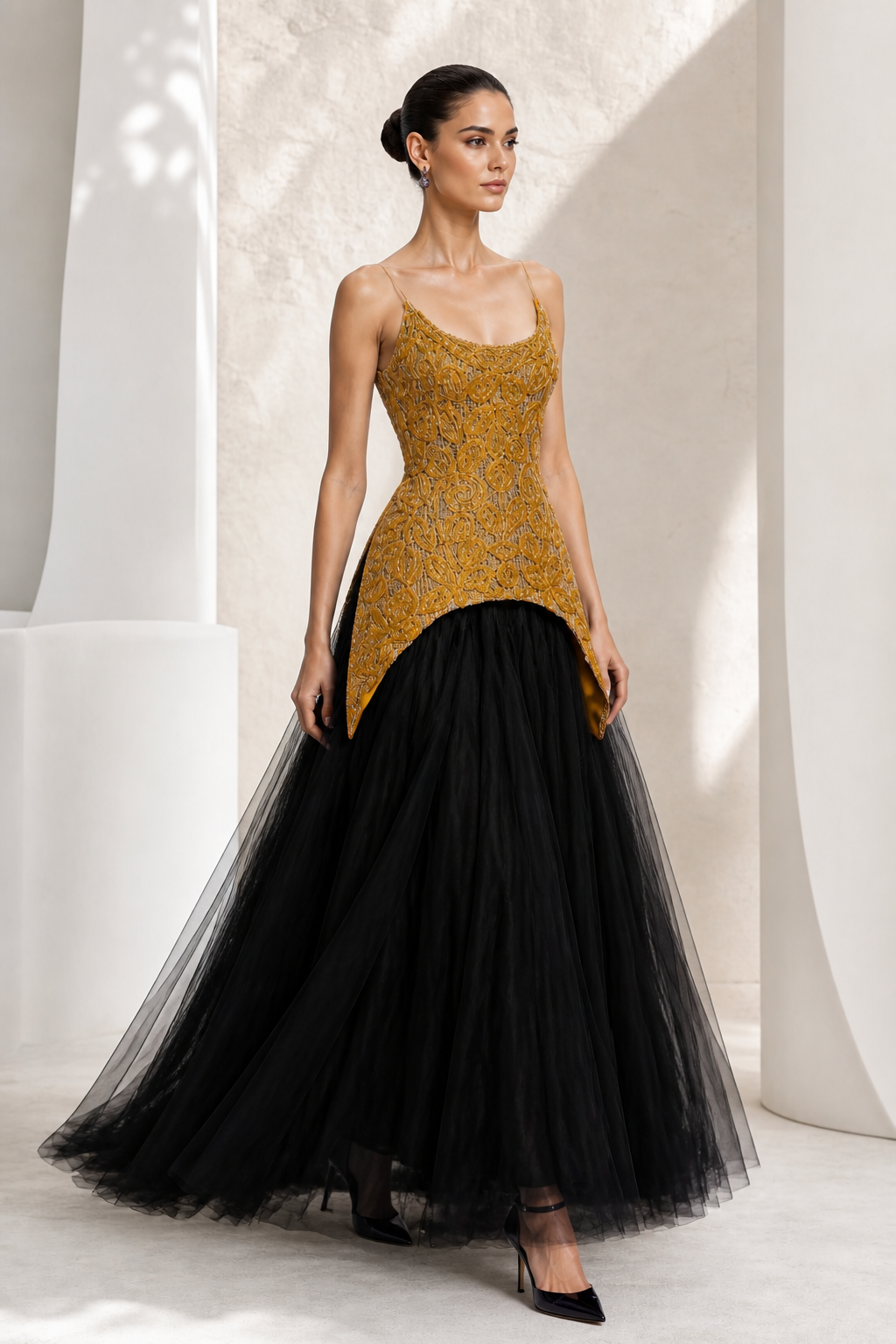 Gold Beaded Top & Black Tulle Ball Gown