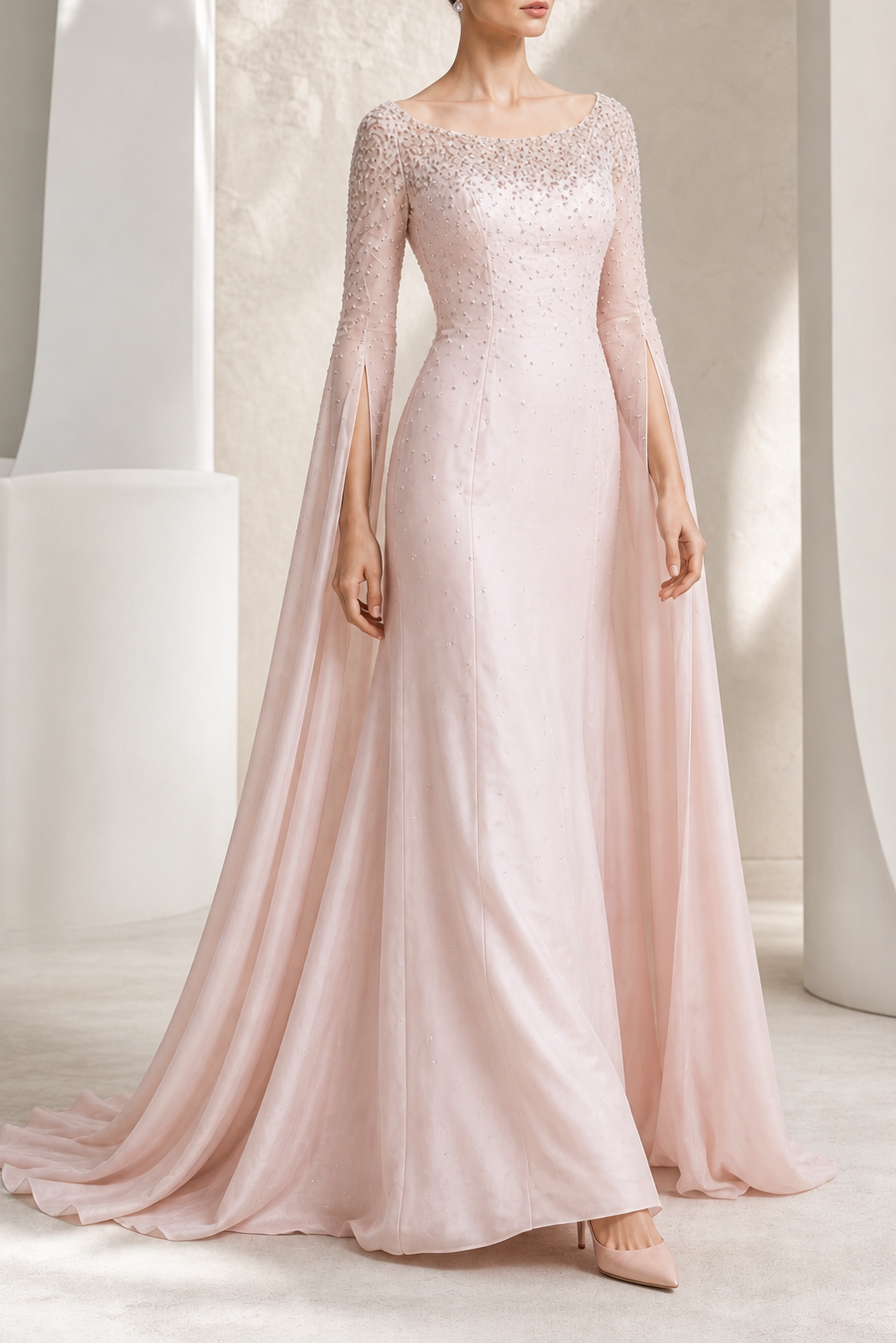 Blush Beaded Cape-Sleeve Gown